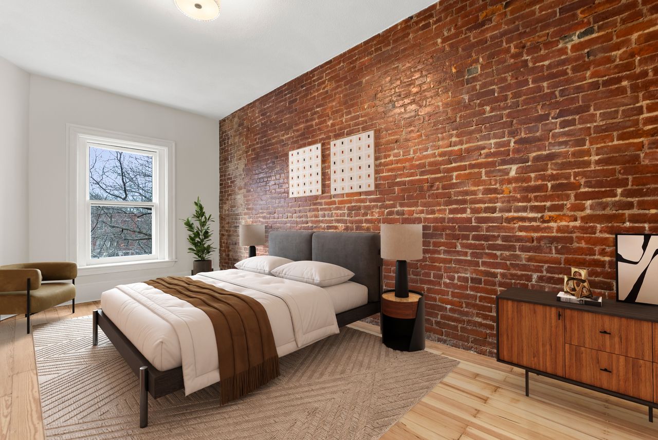Before and after home and virtual staging of bedroom transformation in Brookline, MA real estate listing.