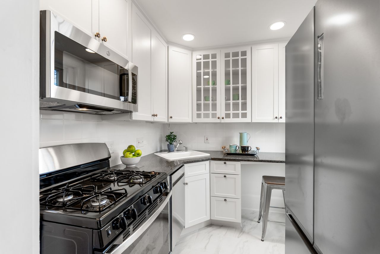 Before and after home and virtual staging of kitchen transformation in Brookline, MA real estate listing.